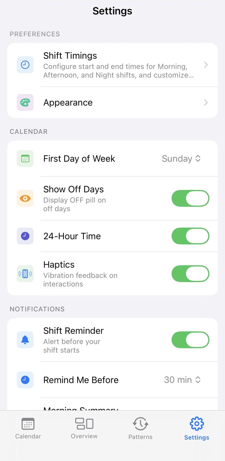 Settings screen