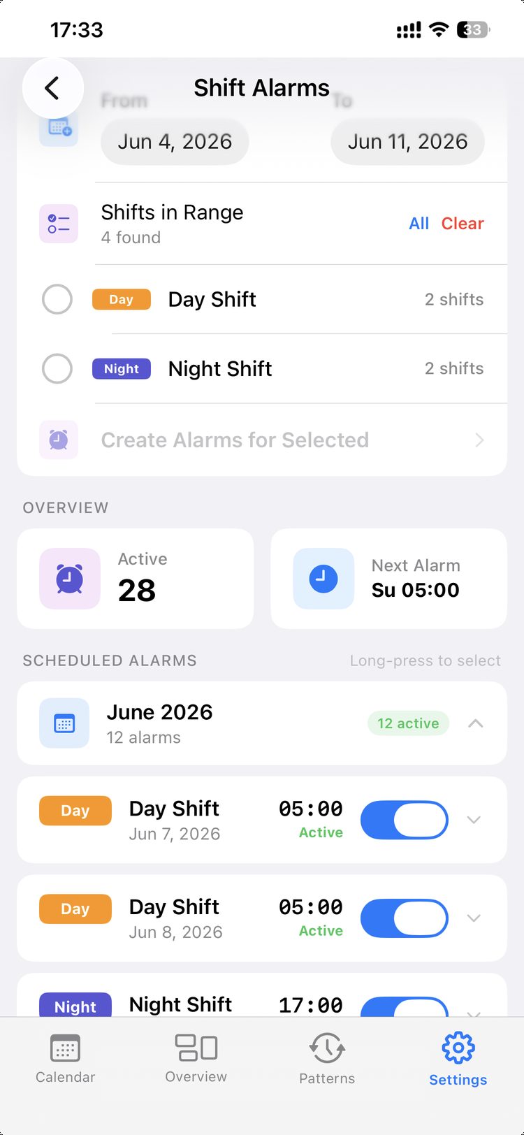 Smart Shift Alarms